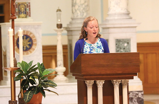 Vision 2023 Kemme 4 My millennial response to a perennial call Sister Tracy Kemme, S.C. sings at the motherhouse of her community, the Sisters of Charity of Cincinnati, during her final vows liturgy.